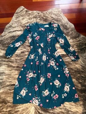 Eliza J Teal Floral Long Sleeve Midi Dress